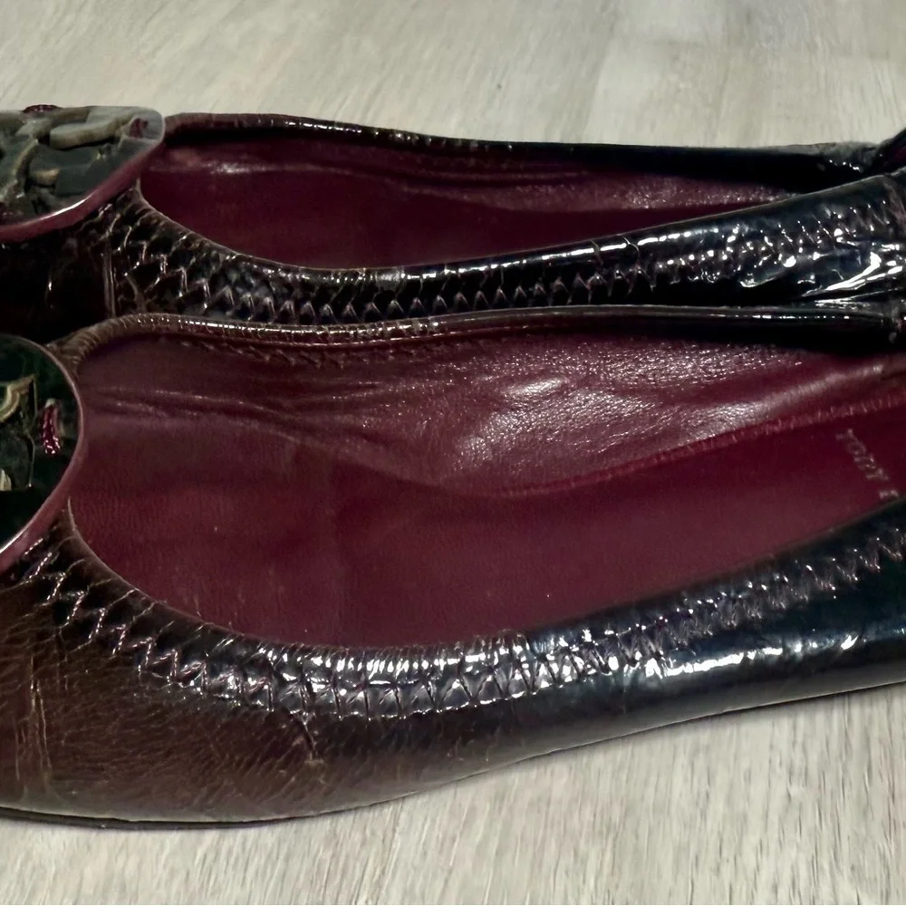 Tory Burch Womens Brown Patent Leather Snake Embossed Ballet Flats Shoes sz 5